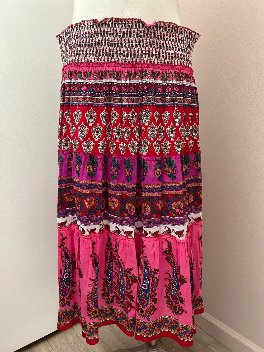 Bohemian Cotton Pink Floral Tiered Maxi Skirt size L ruched waist lined